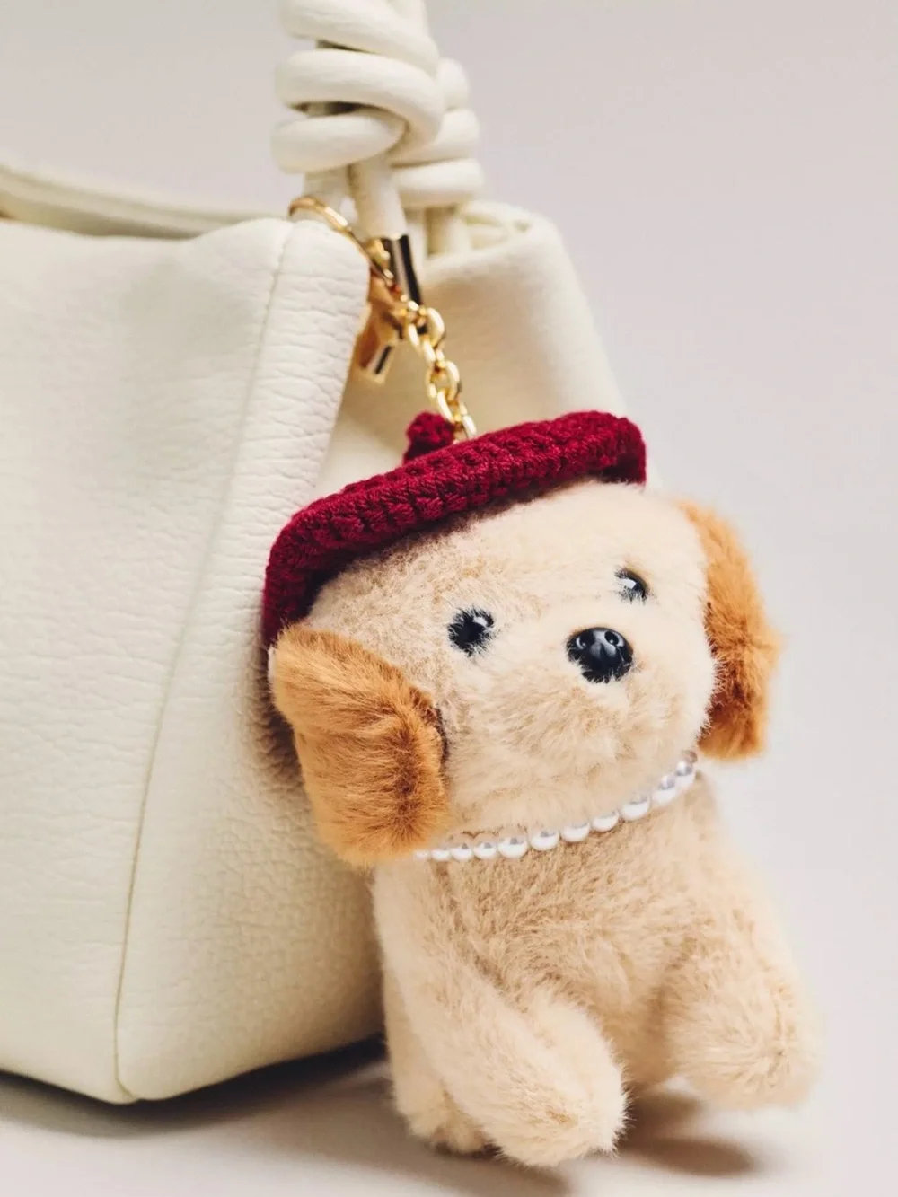 Plush Beige Dog Keychain with Burgundy Beret - Fashion Pet Accessory